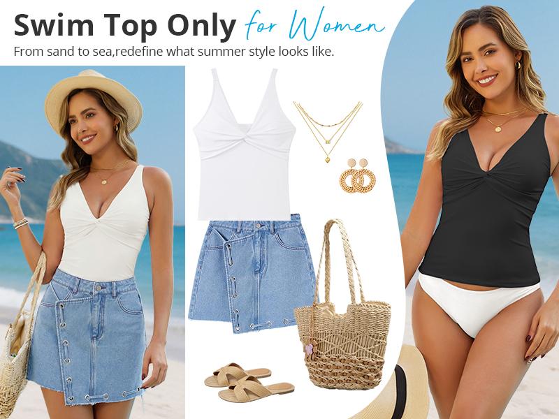 GRAPENT Tankini Tops for Women Swimwear Twisted V Neck Bathing Suit Beach Vacation Modest Padded Swimsuit Swim Top Only