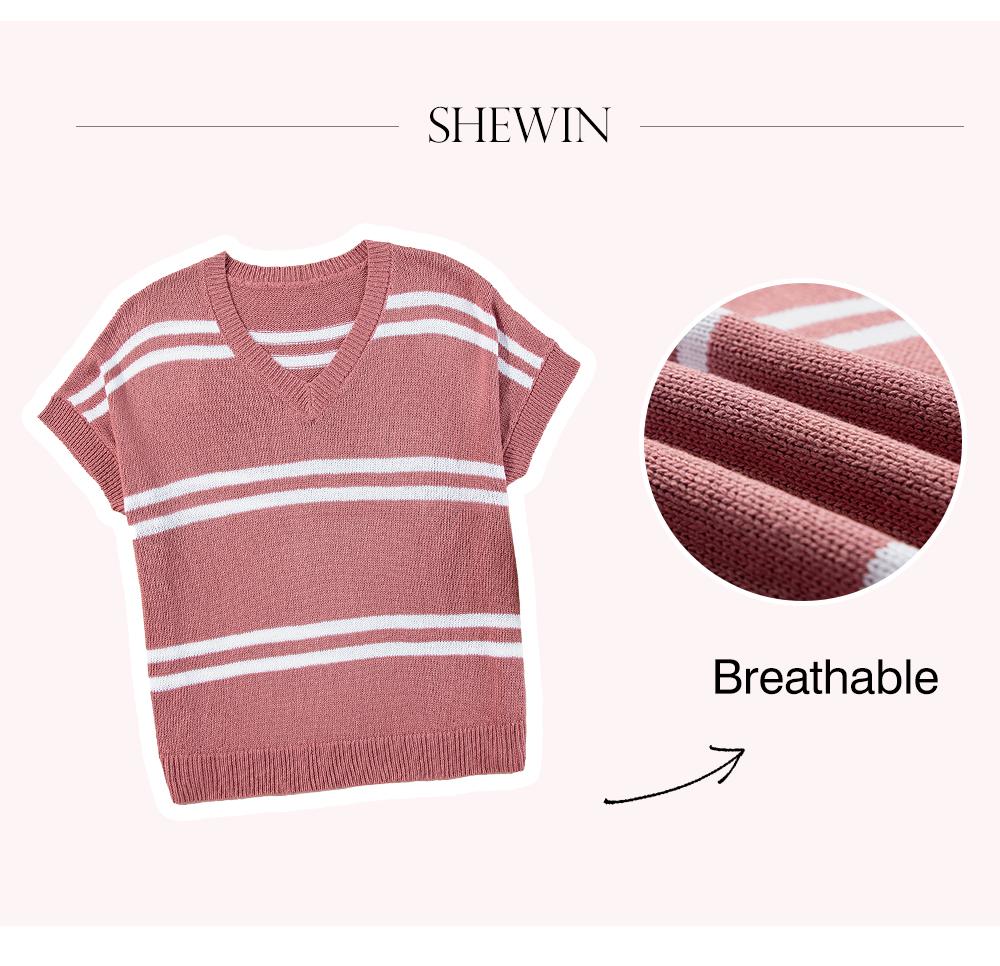 Shewin 2026 Spring/Summer Women's Oversized Knit Sweater Pullover Cozy Striped Crewneck Batwing Sleeve Stretchy Acrylic Top SpringStatements