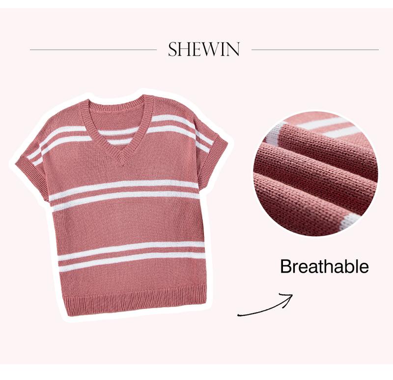 Shewin 2026 Spring/Summer Women's Oversized Knit Sweater Pullover Cozy Striped Crewneck Batwing Sleeve Stretchy Acrylic Top
