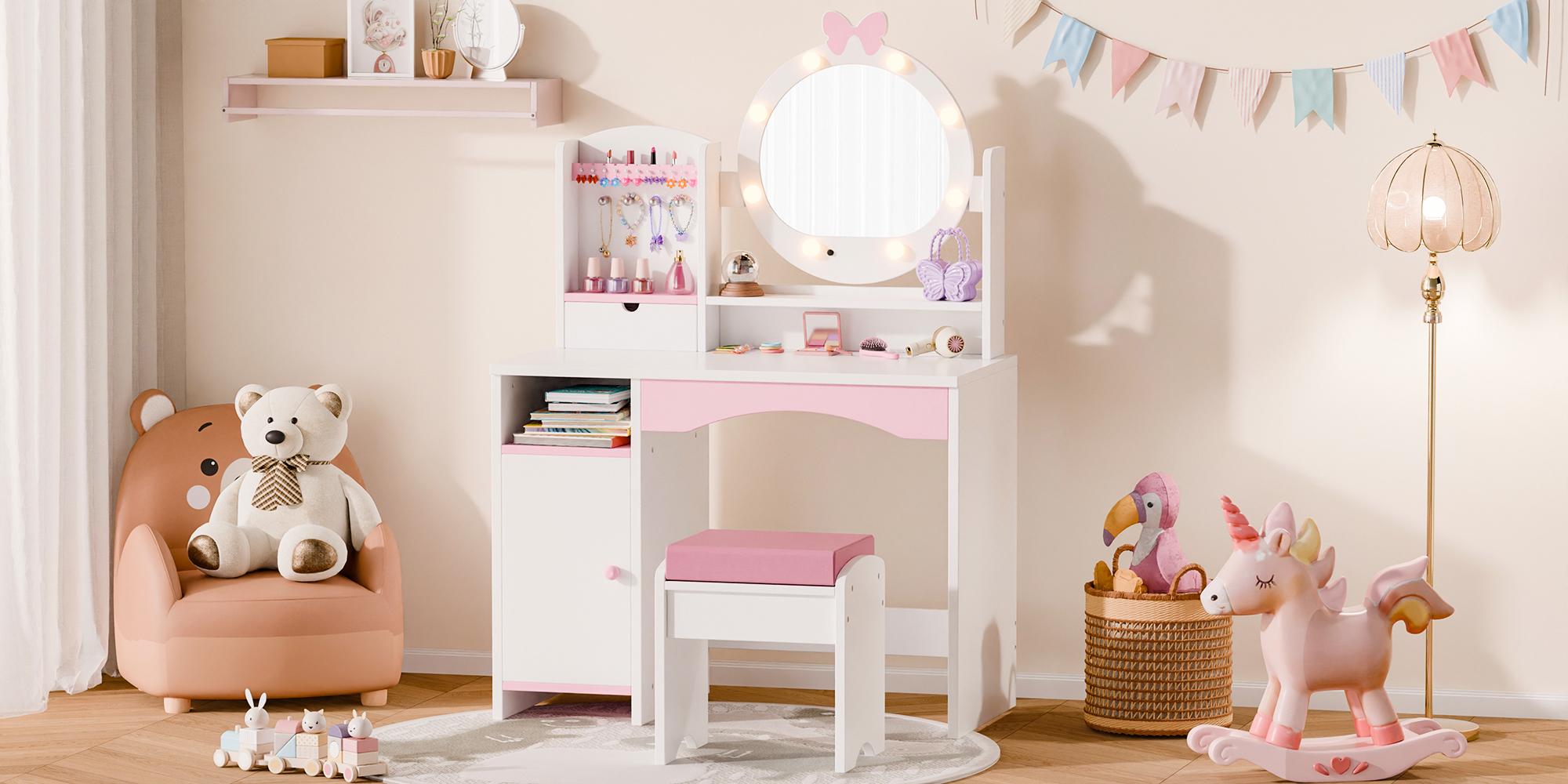 Kids Vanity Table and Chair Set – Princess Girls Vanity Set with Mirror, Lights, Jewelry Storage, and Cushioned Stool, Toddler Makeup Vanity for Little Girls Kids Vanity Table and Chair Set – Princess Girls Vanity Set with Mirror, Lights, Jewelry Storage, and Cushioned Stool, Toddler Makeup Vanity for Little Girls
