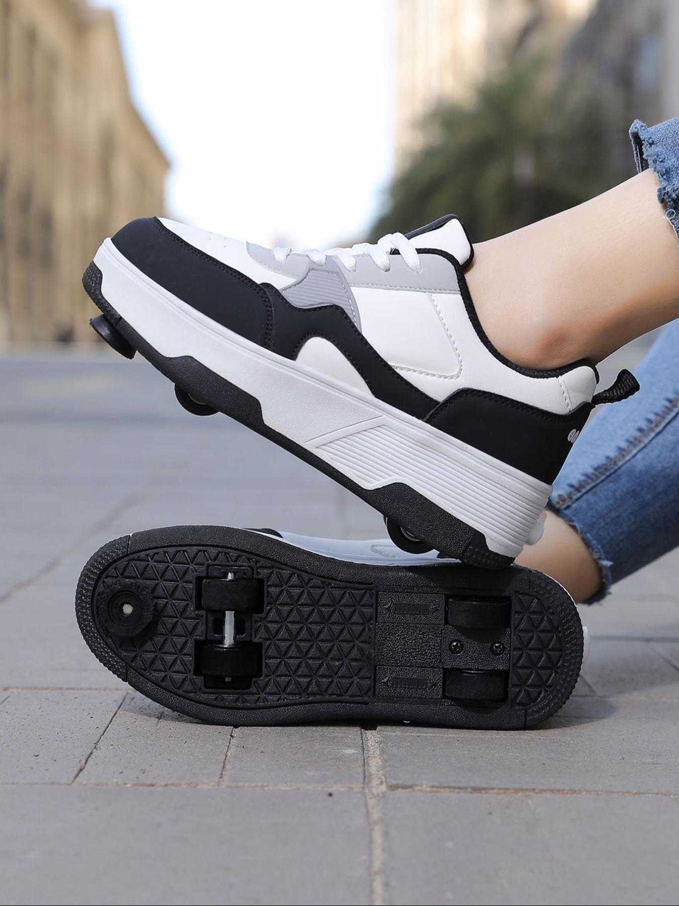 Unisex Button-Operated Four-Wheel Roller Skates, PU Leather Lightweight Durable Dual-Roller Invisible Skate Shoes, All Seasons, Shoes With Wheels