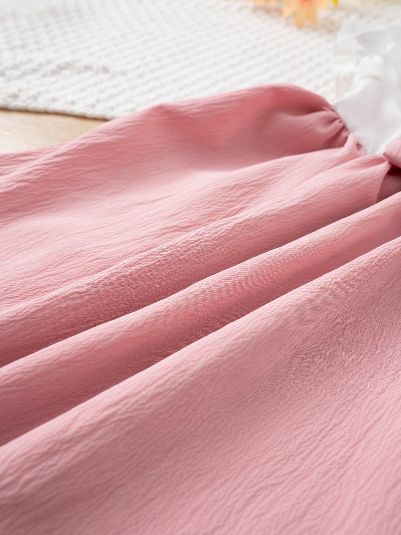 2pcs Girls' Summer Fashion Dress, Frilled Dress, Solid Colored Dress, Pure Color Princess Style, Sweet and Cute Design, Lapel Collar, Casual Wear for Kids