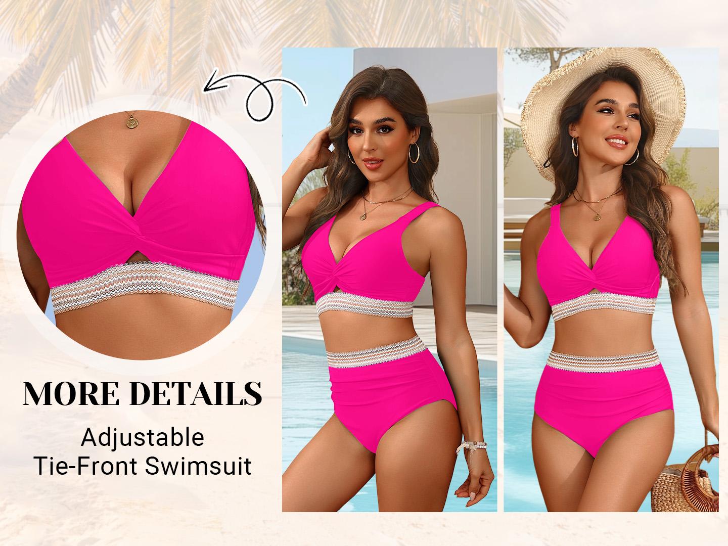 Yonique Women's High Waisted Bikini - Twist Front Two Piece Swimsuit Color Block Full Coverage Bathing Suit