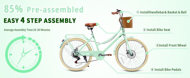 Kids Bike, Retro Cruiser Bike for Girls, 20 24 Inch 7-Speed Kids Bicycles for Ages 6-14 Girls Youth with Rattan Basket, Dual-Disc Brake Carbon Steel Frame Lightweight Bicycle, Multiple Colors