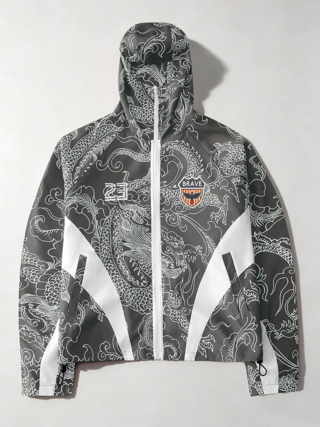 Men's New Traditional Dragon Print Hooded Jacket, Colorblock Patchwork, Zipper Open Front, Streetwear Sport Coat, Loose Fit