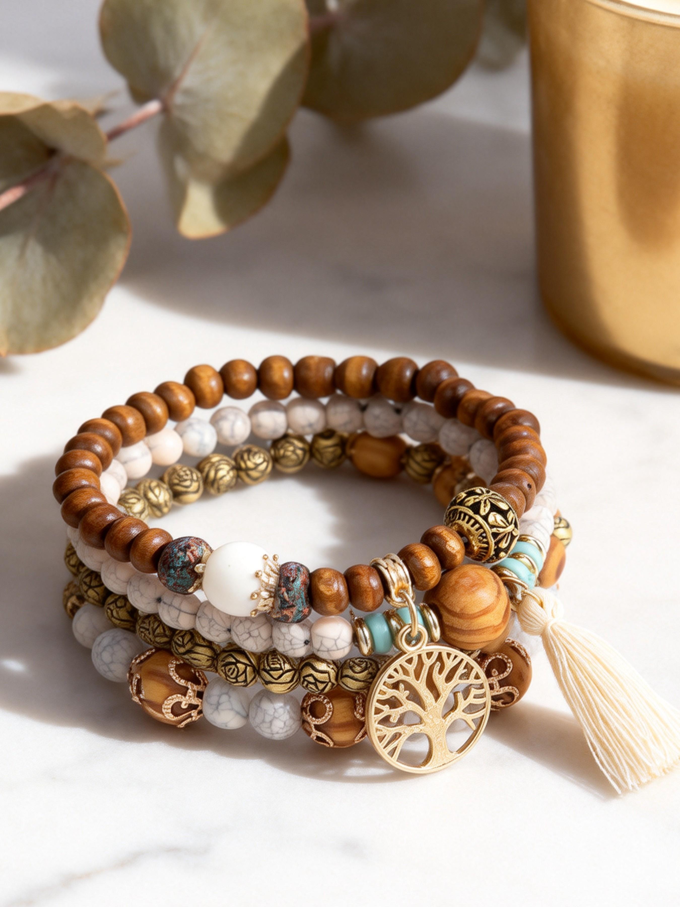 Boho Tree of Life Beaded Bangles Bracelets Set for Women - Multilayer Stackable Bohemian Jewelry with Tassel, Perfect for Black Girl Style & Festival Fashion
