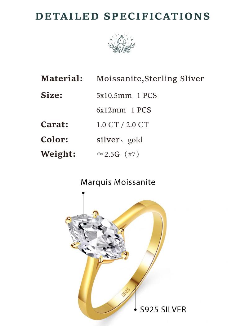 1-2CT Marquise-Cut Synthetic Moissanite Wedding Ring, s925 sterling silver 6-Prong Solitaire Moissanite Rings,Perfect gift and everyday wear