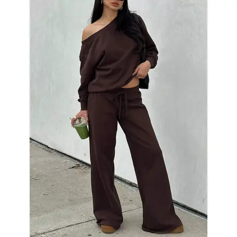 Women's One Shoulder 2 Piece Lounge Set, Oversized Long Sleeve Pullover Top & Wide Leg Drawstring Pants, Loose Fit Casual Matching Sweatsuit, Y2K Streetwear Travel Airport Weekend Everyday Fall Outfit, Comfy Athleisure Outfit for Women, Chic Set
