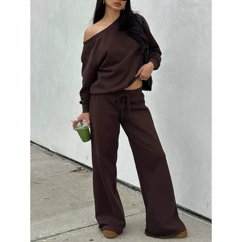 Women's One Shoulder 2 Piece Lounge Set, Oversized Long Sleeve Pullover Top & Wide Leg Drawstring Pants, Loose Fit Casual Matching Sweatsuit, Y2K Streetwear Travel Airport Weekend Everyday Fall Outfit, Comfy Athleisure Outfit for Women, Chic Set