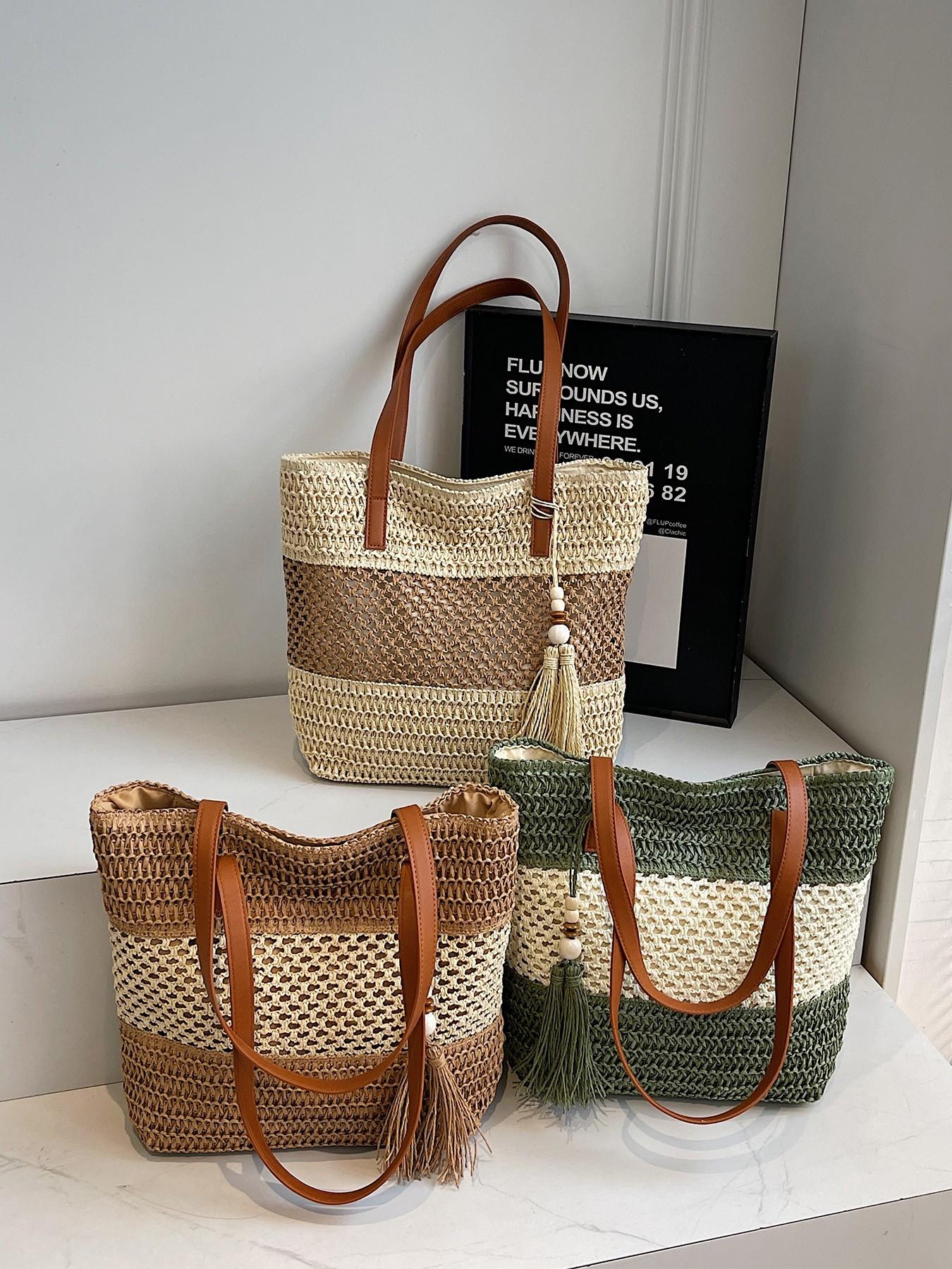 2026 Summer Bohemian Tote Bag, Handwoven Raffia, Leather Strap, Pearl Fringe, Large Capacity, Perfect for Daily Use, Fashionable & Comfortable
