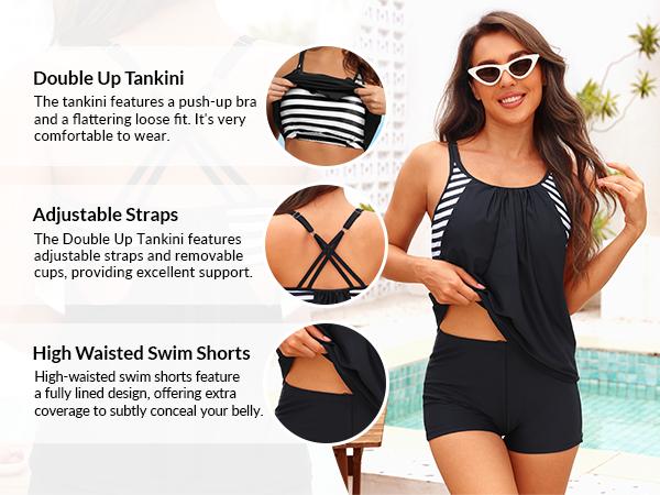 Yonique Tankini Swimsuits for Women Athletic Swim Tank Top with Boy Shorts Two Piece Tummy Control Bathing Suits