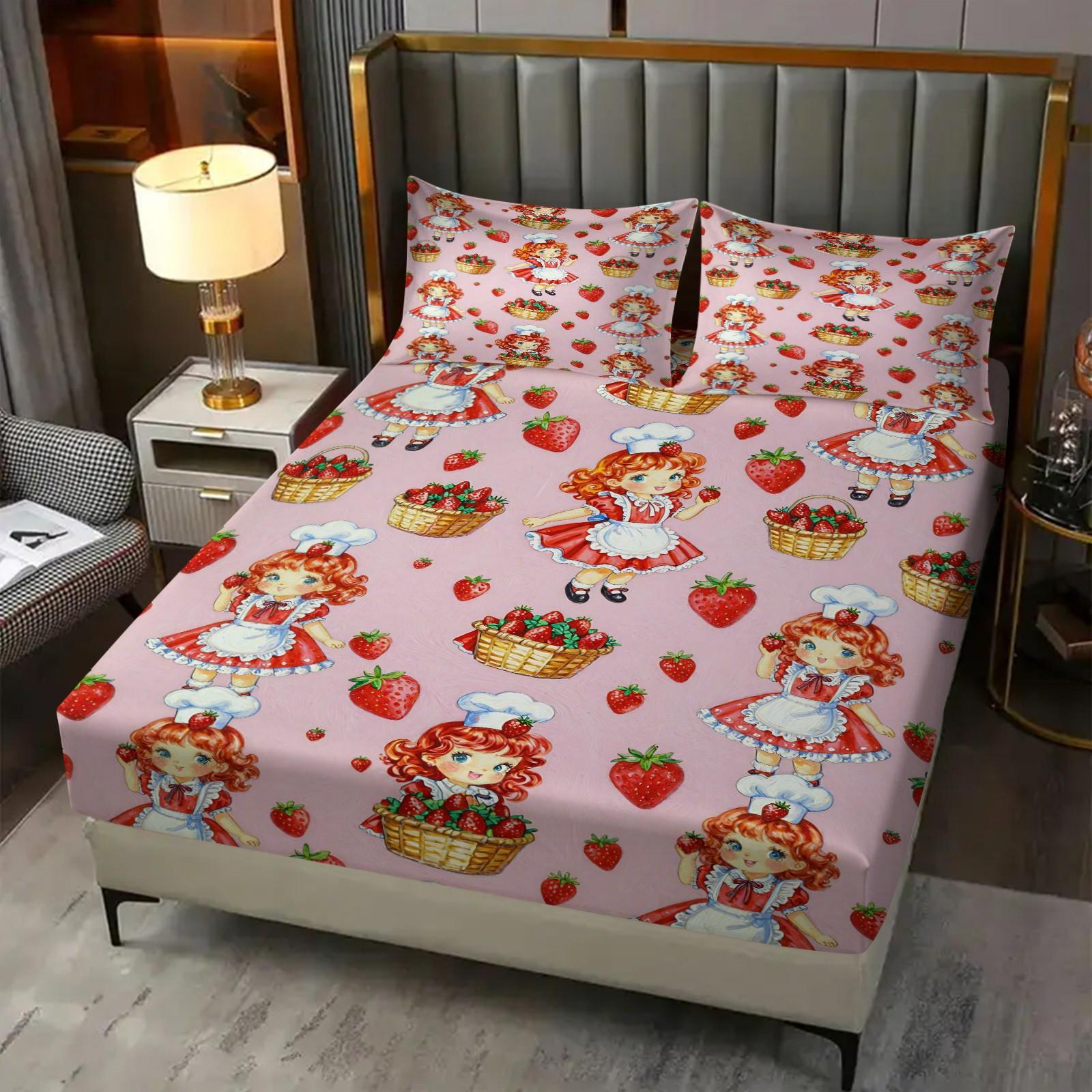 Strawberry Sweetheart Fitted Sheet Set & 2 Pillowcases No Core, Pink White Plaid, Pink Cat & Full Print Strawberry Design, Soft Anti-Slip Wrinkle-Resistant, Fairy-Tale Girls Room, Kids Room Decor Gift Choice