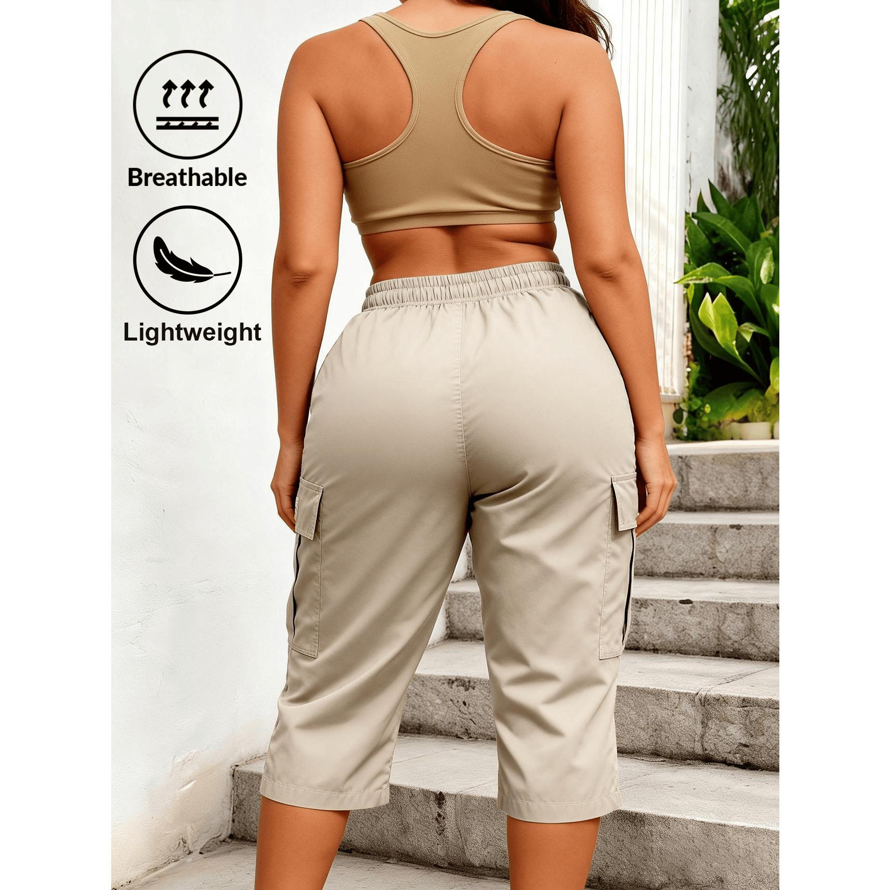 Trendy Women Solid Cargo Capri Pant Elastic Drawstring Waist Multi Flap Pockets Casual Streetwear Daily Outdoor Stylish Slim Fit Women Fashion Bottoms Must-Have Daily Outfit Pants Women's Clothing