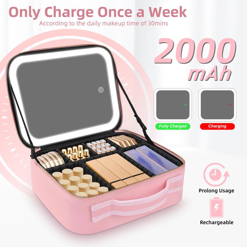 Portable Travel Makeup Bag with LED Mirror, 3 Color Light Settings, Rechargeable Cosmetic Organizer Case for Women, Portable Vanity Box for Beauty Essentials Zip Portable Travel Makeup Bag with LED Mirror, 3 Color Light Settings, Rechargeable Cosmetic Organizer Case for Women, Portable Vanity Box for Beauty Essentials Zip