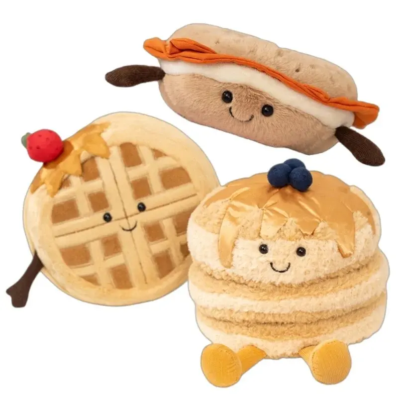 Kawaii Food Plush Toys Waffle/Pancake/Bagel Soft Stuffed Dolls Food Shaped Fluffy Cuddly Gift for Kids Birthday Xmas Home Decor