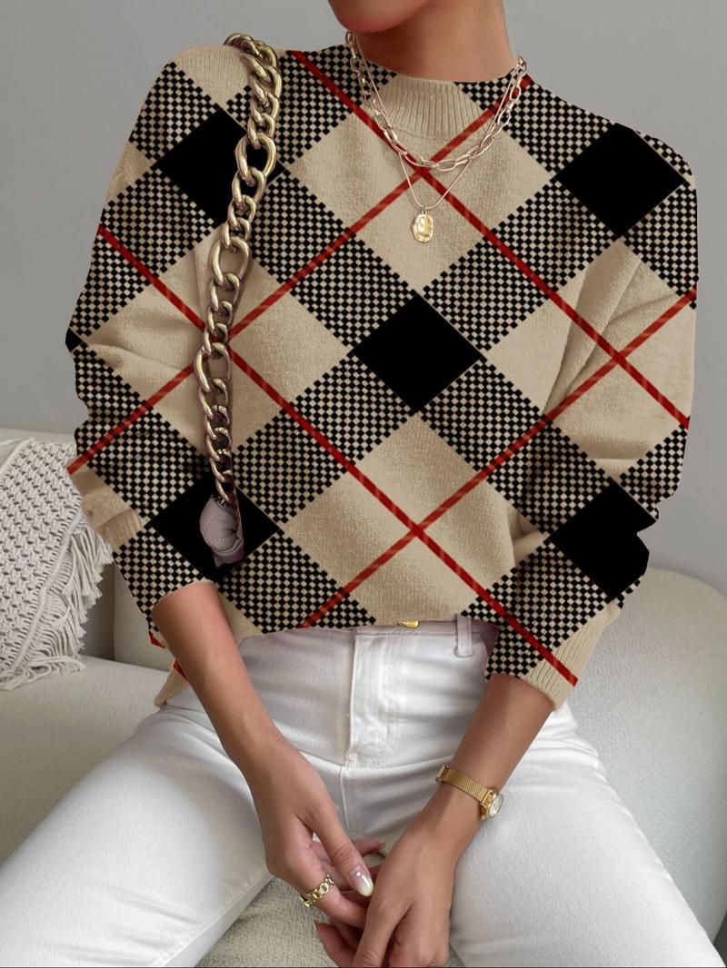 Women's Tartan Print Stand Collar Sweater, Fall & Winter Casual Long Sleeve Knitwear, Comfortable Warm Fitted Top for Daily Wear, Knitted Sweater