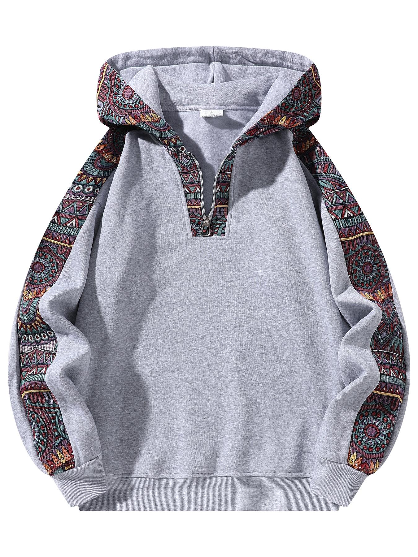 Unisex Retro Ethnic Patchwork Half Zip Hoodie, Casual Comfy Regular Fit Long Sleeve Pullover for Fall & Winter Daily Wear, Casual Fashion Ethnic Pattern Sweatshirt