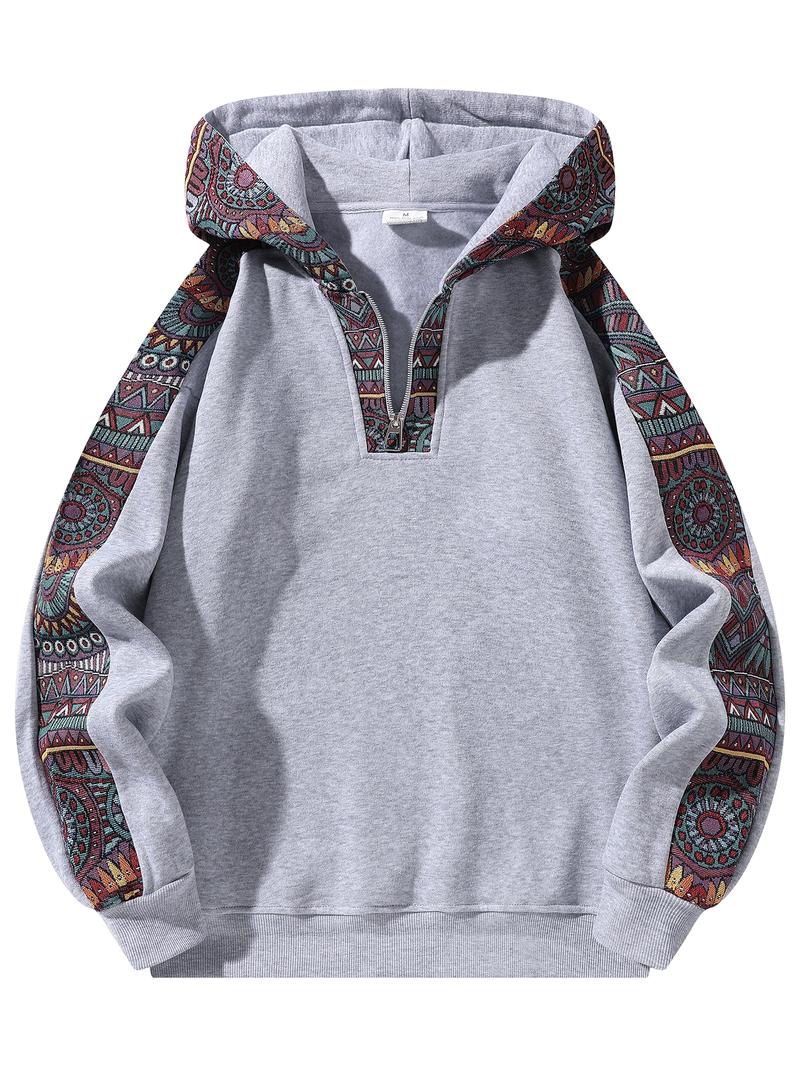 Unisex Retro Ethnic Patchwork Half Zip Hoodie, Casual Comfy Regular Fit Long Sleeve Pullover for Fall & Winter Daily Wear