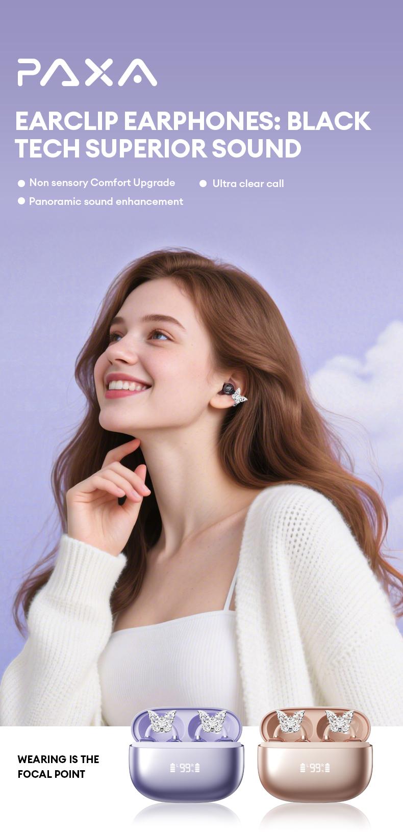 PAXA Clipbuds 7 Clip-on Design Wireless Headphones, Powerful Sound Effects for Music, Dustproof & Waterproof Sports Earbuds for Running, Workout, Audio