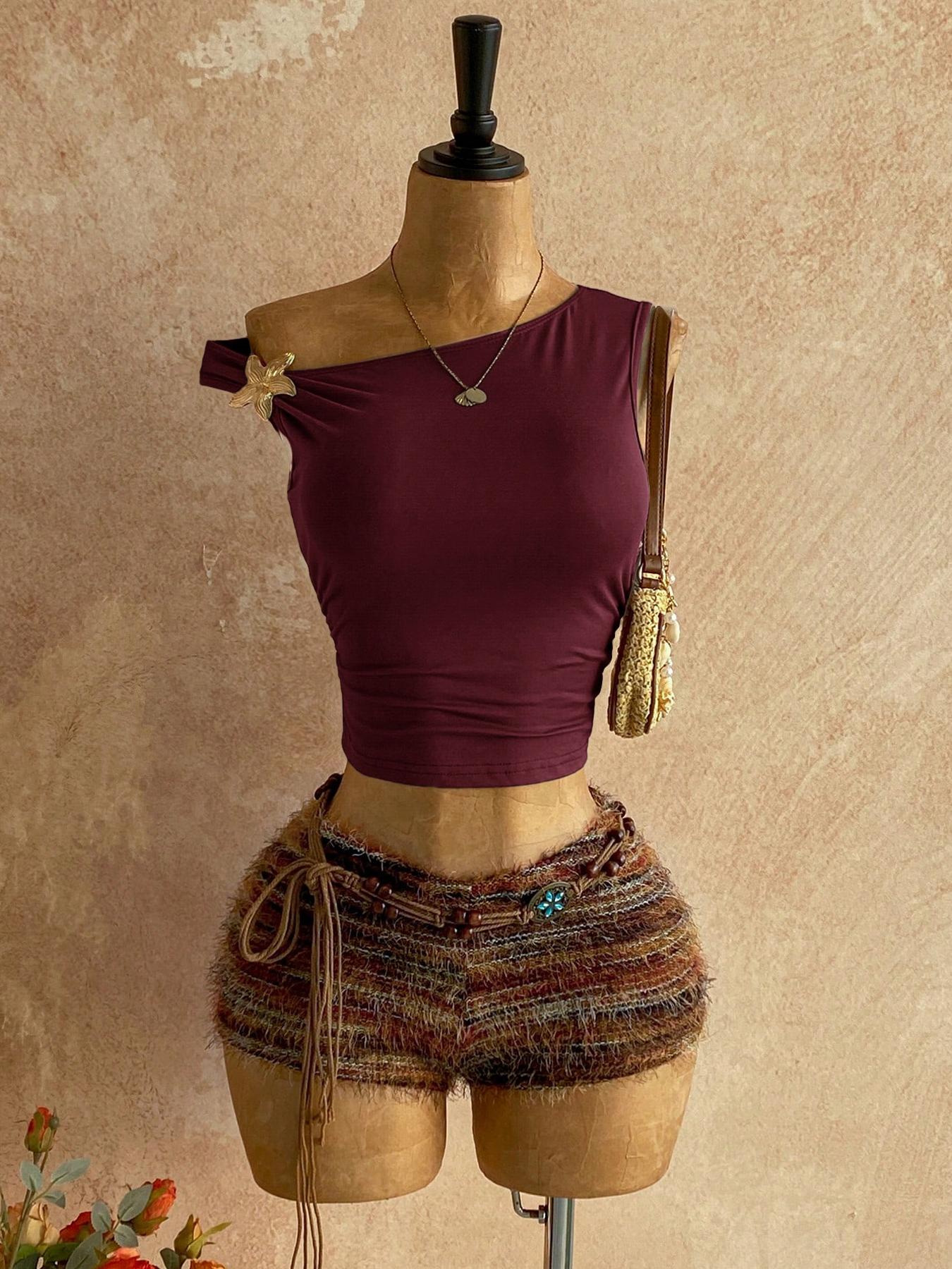 Y2K Aesthetic Casual One-Shoulder Metallic Accent Crop Top & Vintage Fringe Tweed Shorts Set