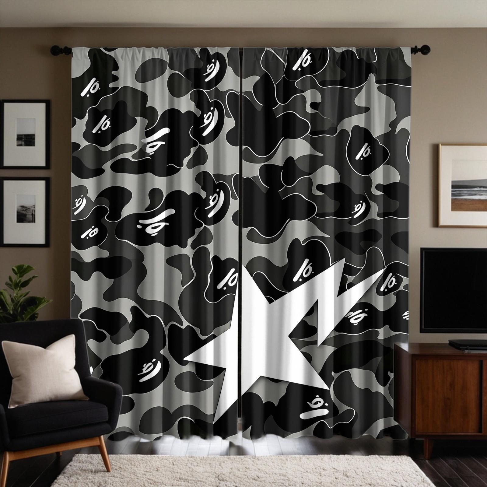 Gray Black Camo Star Semi-Sheer Light Filtering Curtains, Curtain for windows, Privacy Protection Brushed Flannel Drapes, Streetwear Camouflage Print Non-Blackout Rod Pocket Panels, Window Decor for Living Room, Teens Bedroom