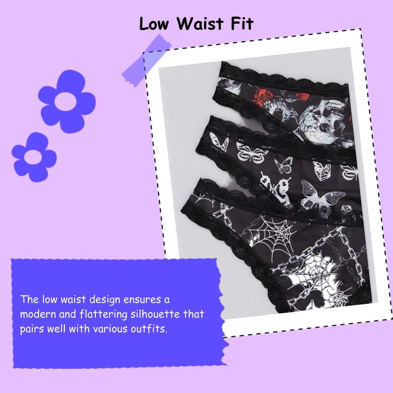 3-Pack Sexy Lace Trim Low Waist Thongs, Unique Butterfly Chain Print for Halloween, Comfortable Fitted Women's Underwear, Trim Lace Panty