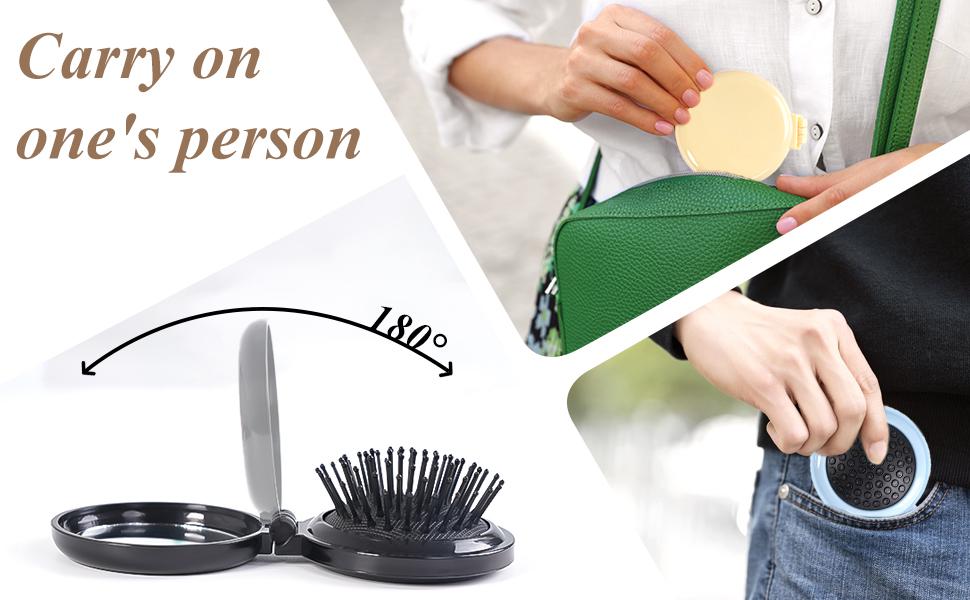 6 Pcs Mini Hair Brush, Compact Travel Hair Brush, Portable Travel Brushes for Hair with Makeup Mirror, Round Hair Massage Comb for Women Girls, 6 Colors