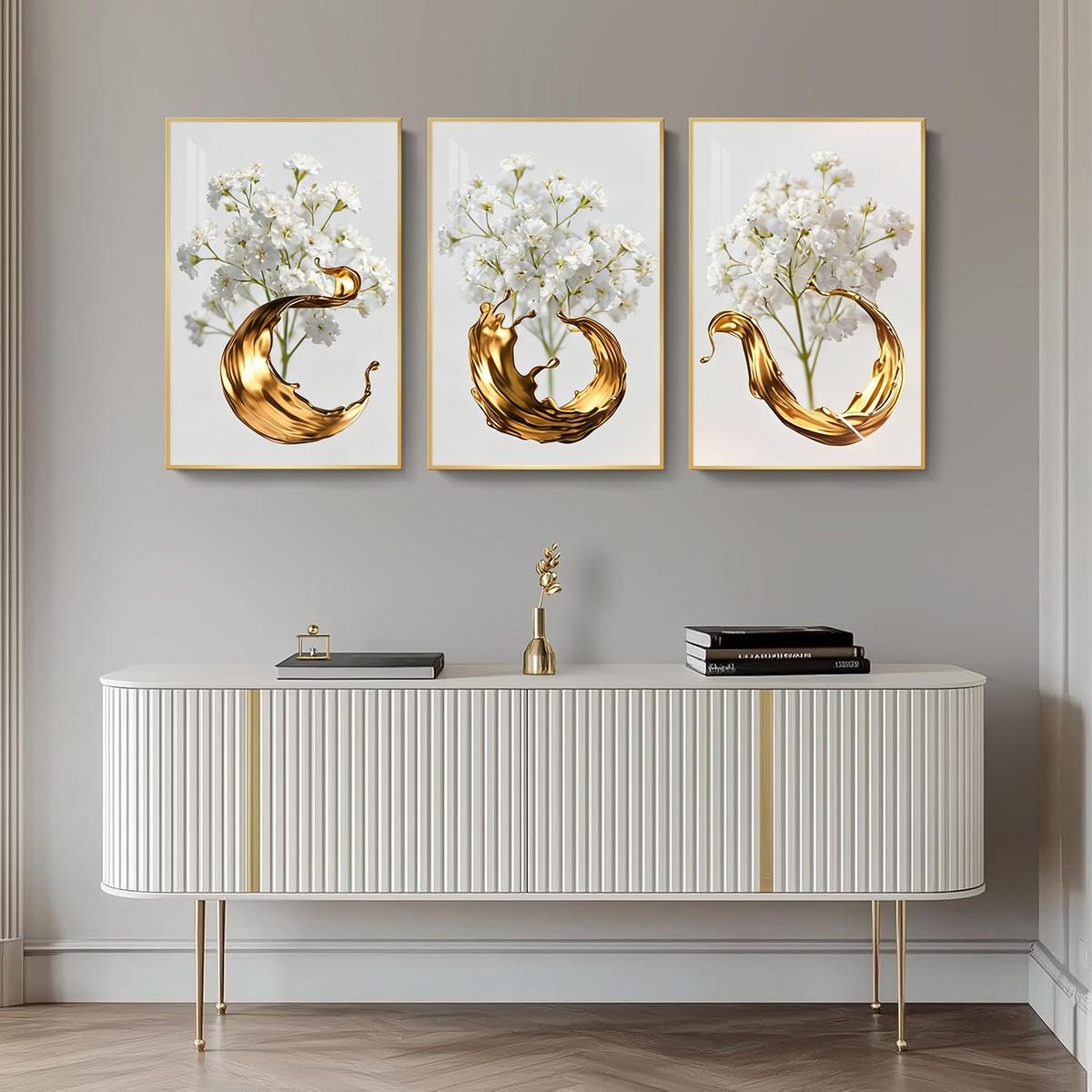 3 Counts Aluminum Alloy Framed Painting, White Flowers With Golden Liquid Art Pictures, Home Decoration For Living Room, Bedroom, Office, Restaurant, Hallway Wall Decor, Odorless Print Artwork, Luxury Perfect Gift For Friends And Family