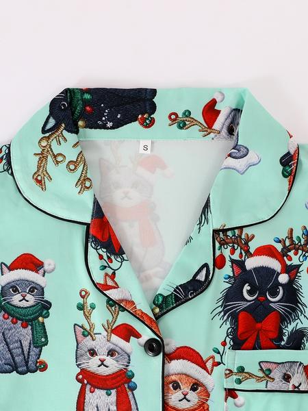 Women's Christmas Pajama Set, Long Sleeve Button Front Top & Elastic Pants, Animal Print, Casual Fitted Sleepwear for All Seasons, Nightwear Lounge Set