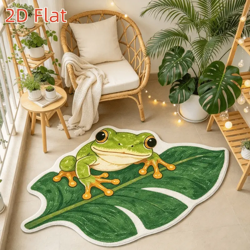 Forest style green leaves, green tree frog, monstera leaf bedroom and living room plush irregular-shaped carpet, fresh style green background with frog and leaf print, entryway and balcony decorative carpet, Indoor Entryway Rug