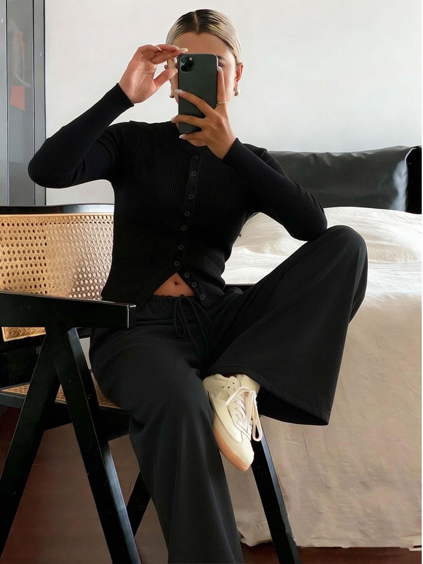 tiktokshopspringglowup Black ribbed sleeveless button top+wide leg drawstring pants set | Easy, quiet and luxurious, slim fit crop top, flowing and comfortable pants, all casual and fashionable # OOTD # ViralFashion