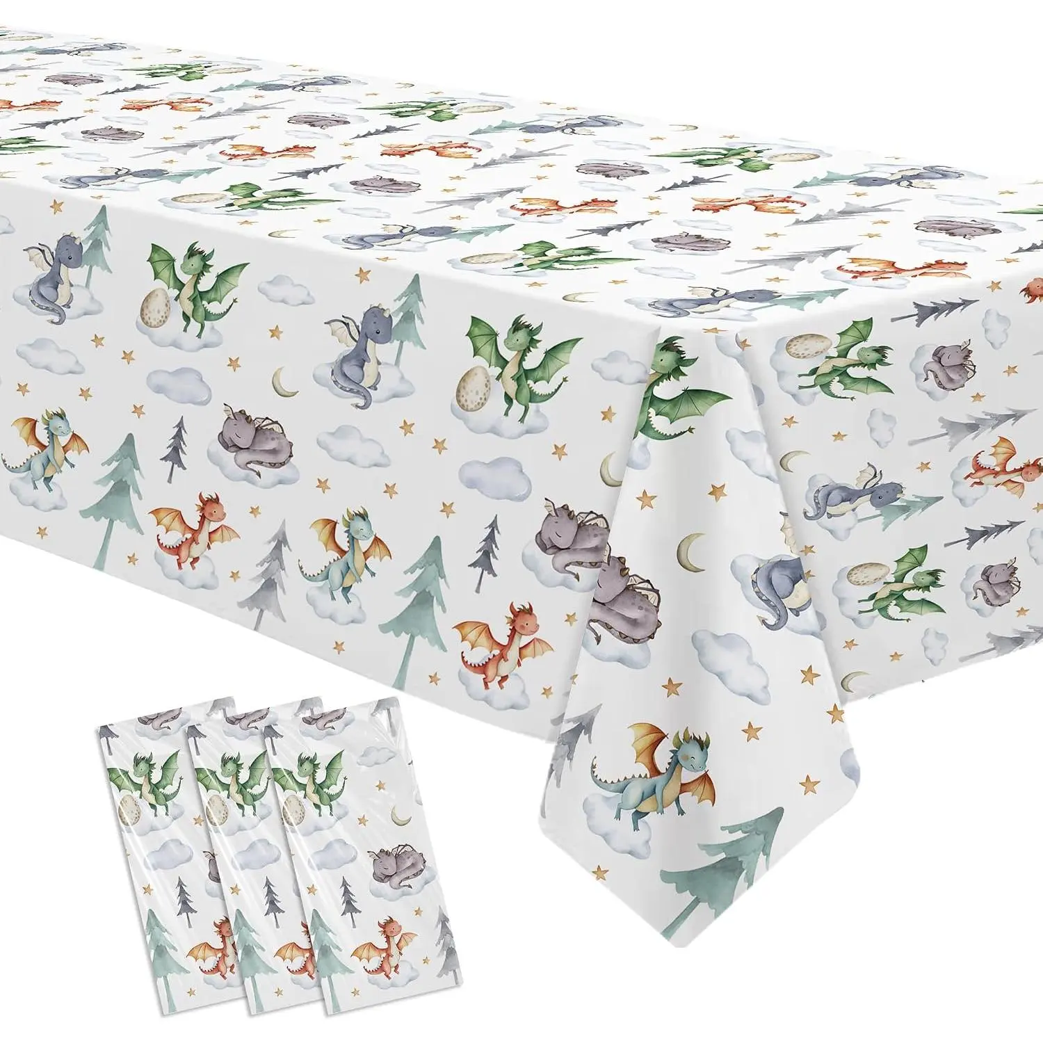 Dragon Birthday Party Supplies Tablecloth, 3 Pack, 86in x 55in |   Disposable Dragons Party Tablecover Decorations, Magical Dragon Birthday Baby Shower Table Decorations Table Cloth