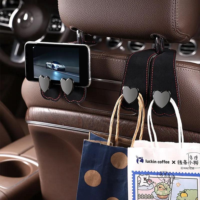 Heart Shape Metal Car Seat Headrest Hooks 2 in 1 Leather Car Seat Back Hook Purse and Bag Backpack Double Hook Car Seat Hanger Backseat Hanging Organizer Car Storage Organizer