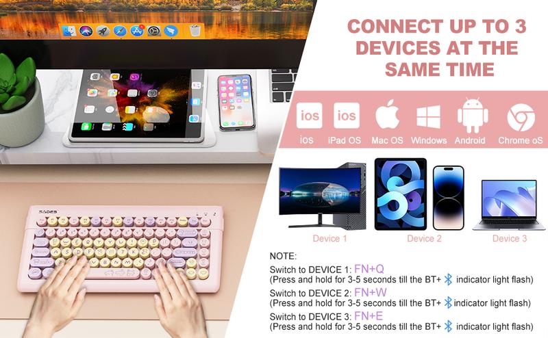 Wireless Bluetooth Keyboard for Mac, iPad, iPhone, PC, and Android—Connect Up to 3 Devices, Portable 84-Key Retro Typewriter Style, Light Blue