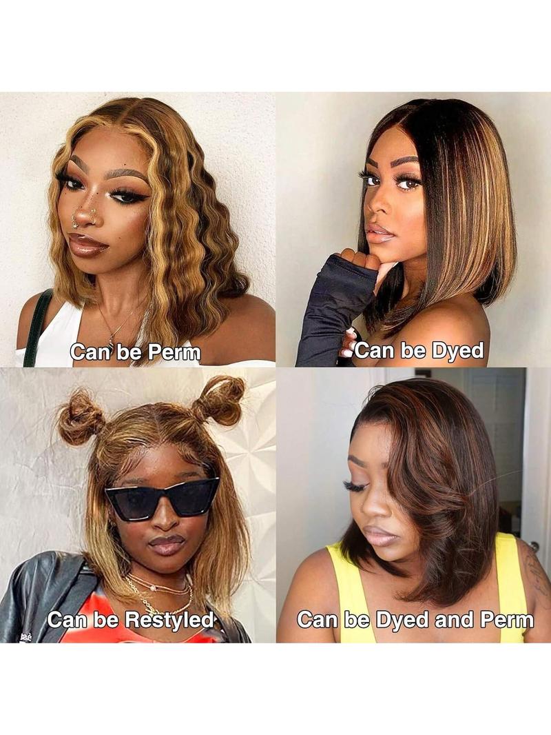 Highlight Bob Wig Colored 4/27 Highlight Bob 13X4 HD Lace Front Wig Straight Human Hair Pre Plucked With Baby Hair Ombre Brown Honey Blonde Bob Wigs For Women,8-16 inch,Natural Look for Everyday HD Lace Frontal Natural Looking Hair