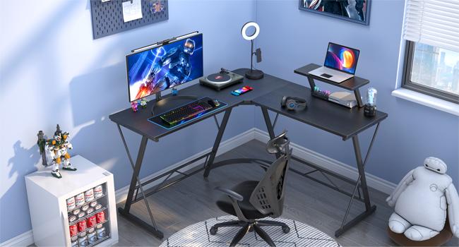 【Holiday Haul】Mr IRONSTONE L Shaped Gaming Desk with Led Lights Corner Computer Desk with Cup Holder and Headphone Hook, L shaped desk, Home Office Desks Writing Workstation with Large Monitor Stand, Easy to Assemble (Black,51 Inch)