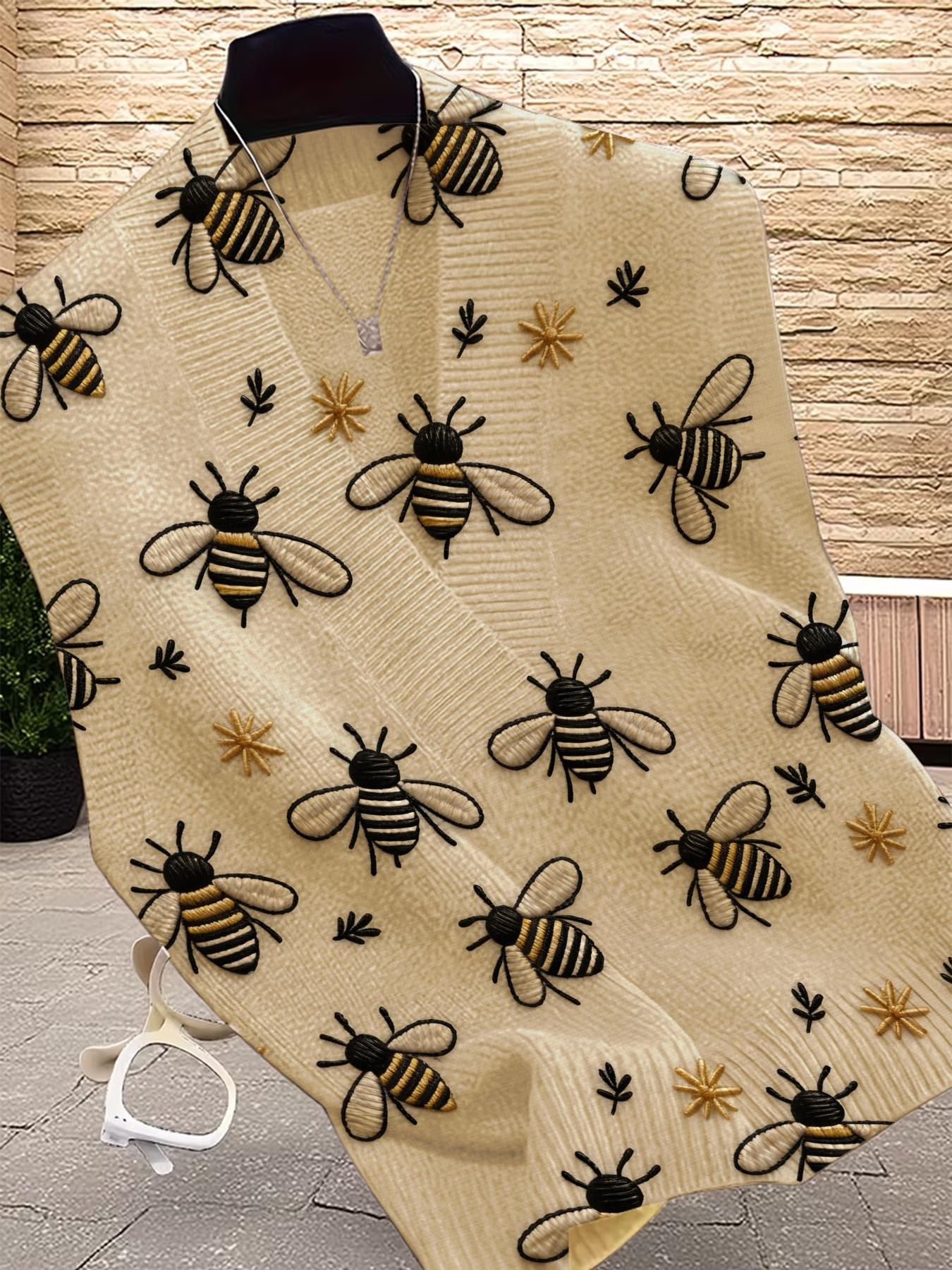 Spring Summer Elegant Women's Cartoon Bee Animal Print Vest, Cross Deep V Neck Sleeveless Knit Sweater, Casual Breathable Top