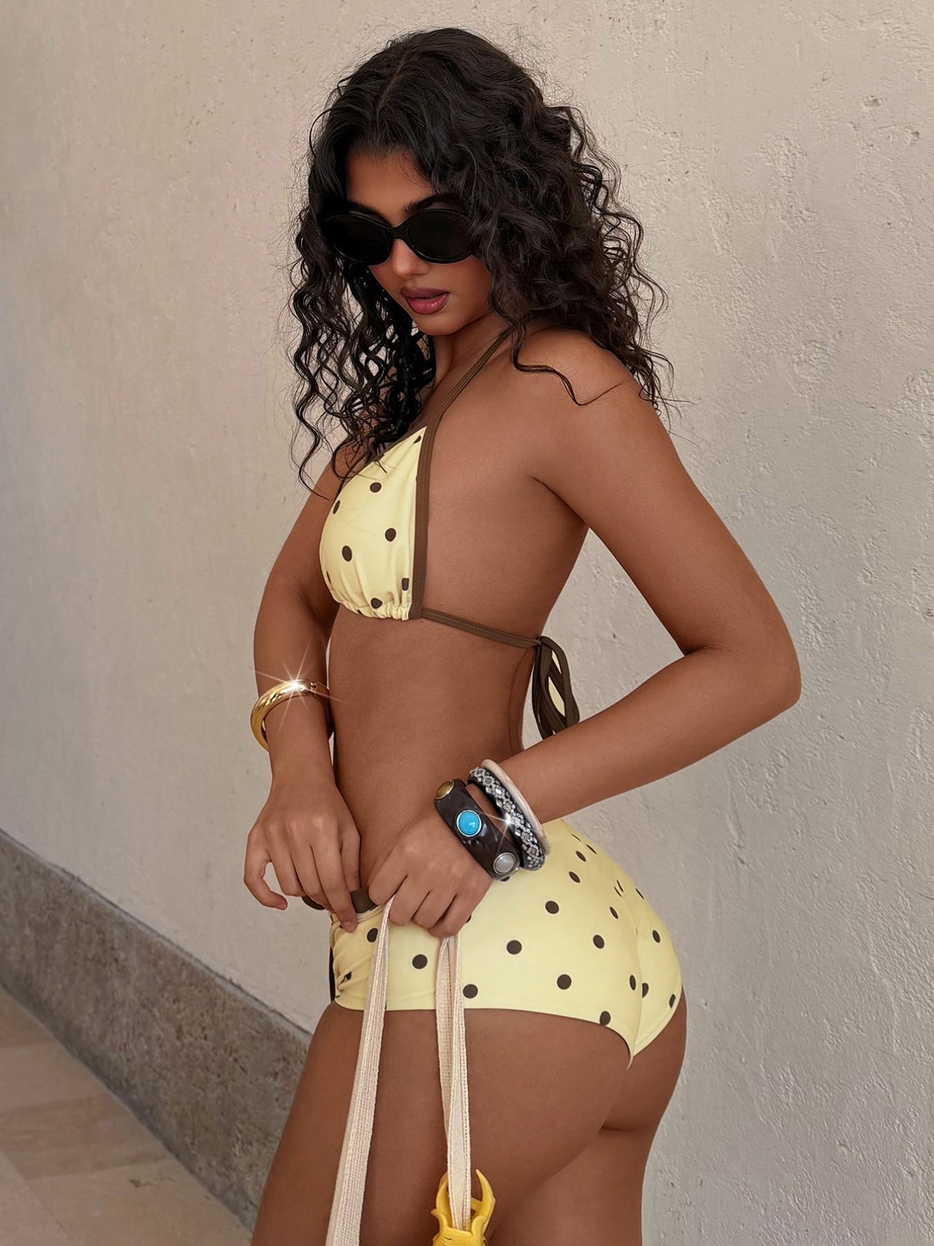 Women's Swimsuit bikini,retro yellow polkat  Print vintage colour block swimsuit pants summer sets for/Going Out Outfits/Birthday Outfit/Casual/Y2k/2000s/Y2k Clothes /Classy/Old Money/Streetwear/Vacation Outfits/girls beachwear