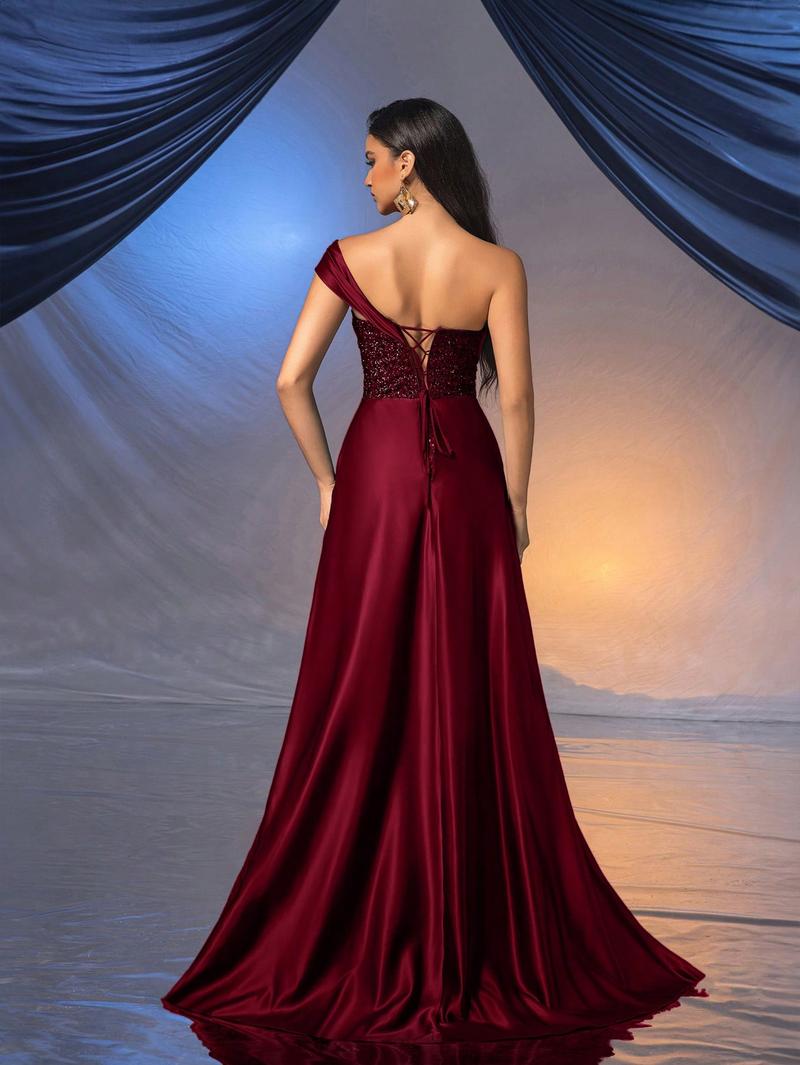 Women's high-end elegant wine red sequin satin one-shoulder evening gown, slim-fit long skirt with high slit mermaid hem, satin waist ribbon design, off-shoulder  Christmas party dress, wedding guest dress, Bridesmaid Dress, cocktail dress