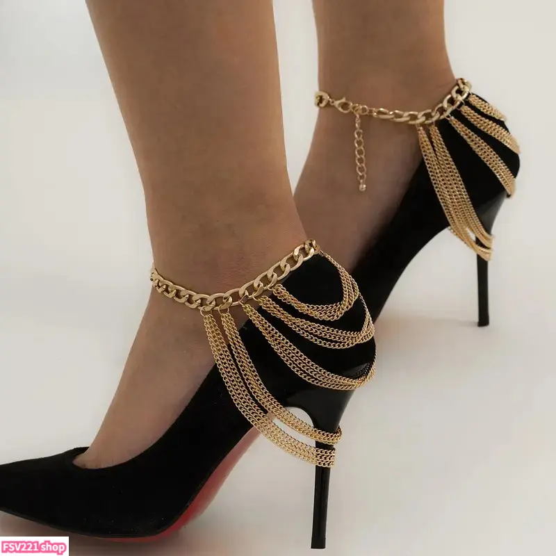 Women's Bold Multi-Layer Tassel Ankle Chain, Hip Hop Style Gold Plated Cuban Link Foot Chain with Cascading Fringe, Adjustable Geometric Metal Shoe Accessory for High Heels, Sandals, Parties & Night Out