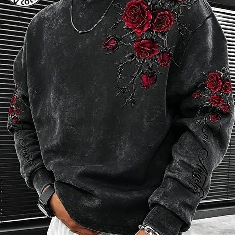 Unisex 100% Cotton Acid Wash Black Crewneck Sweatshirt with Red Rose Thorn Print & "Los Angeles" Script Dark Romantic Streetwear Casual Oversized Top
