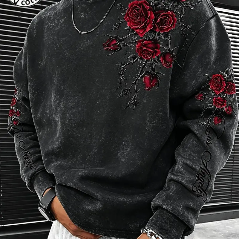 Unisex 100% Cotton Acid Wash Black Crewneck Sweatshirt with Red Rose Thorn Print & "Los Angeles" Script Dark Romantic Streetwear Casual Oversized Top