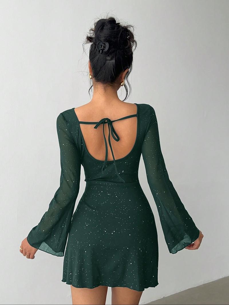 Women's Deep Sequined Backless Dress, Long Flared Sleeve Ruched Tight Mini Party Christmas Evening Club Gown