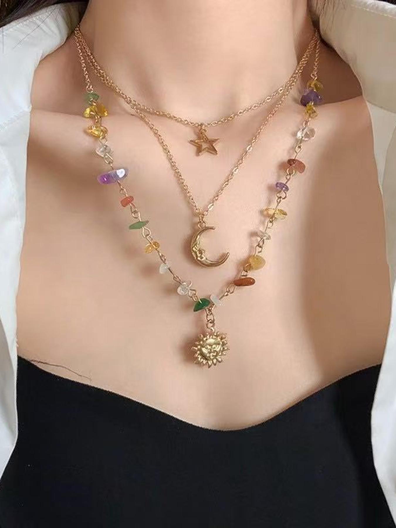 Boho 3 Layered Sun Moon Star Necklace for Women, 7 Chakra Healing Crystal Beaded Pendant Necklace, Bohemian Gold Layered Necklace, Summer Beach Jewelry Gift for Her