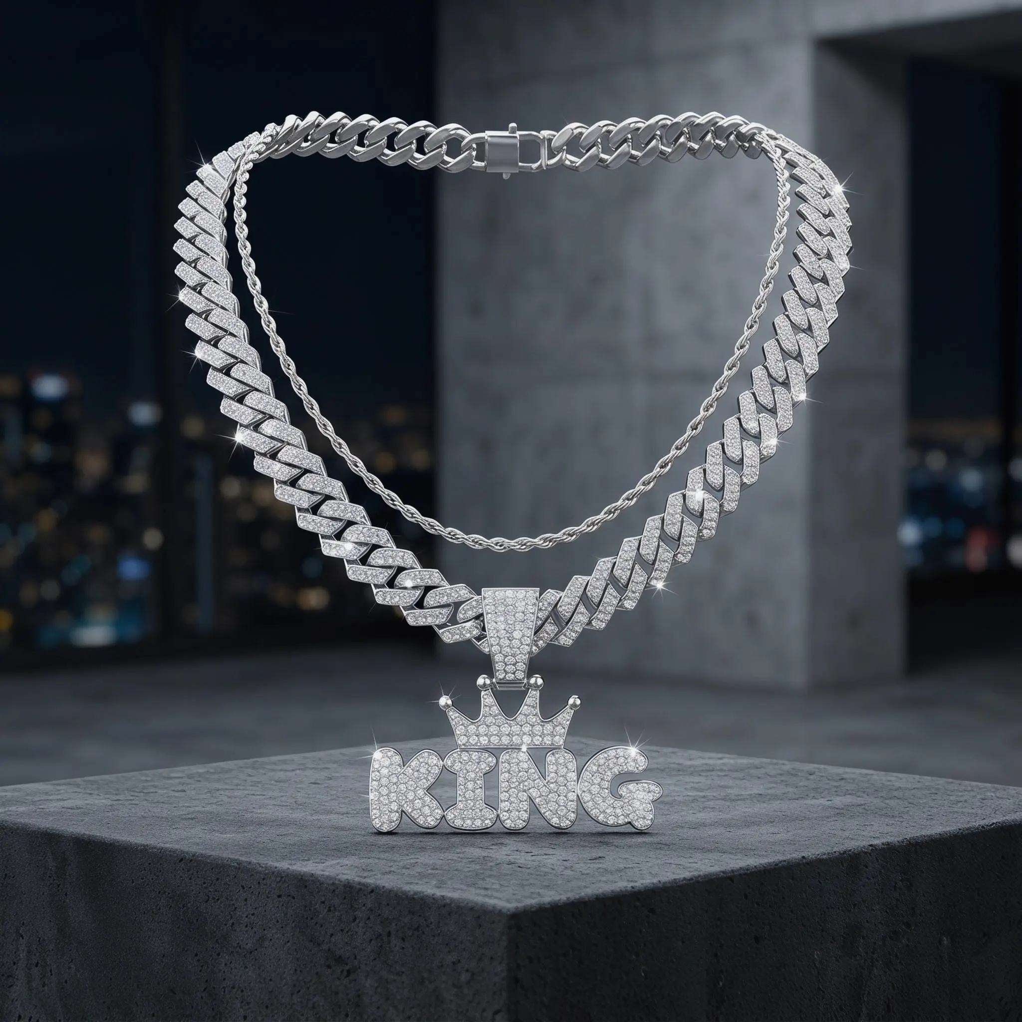 Men's Hip Hop Layered Cuban Link Chains Set - Chunky Silver Chain Necklaces with Rhinestone Crown & King Pendant, Diamond Iced Out Necklaces for Daily, Party Gifts