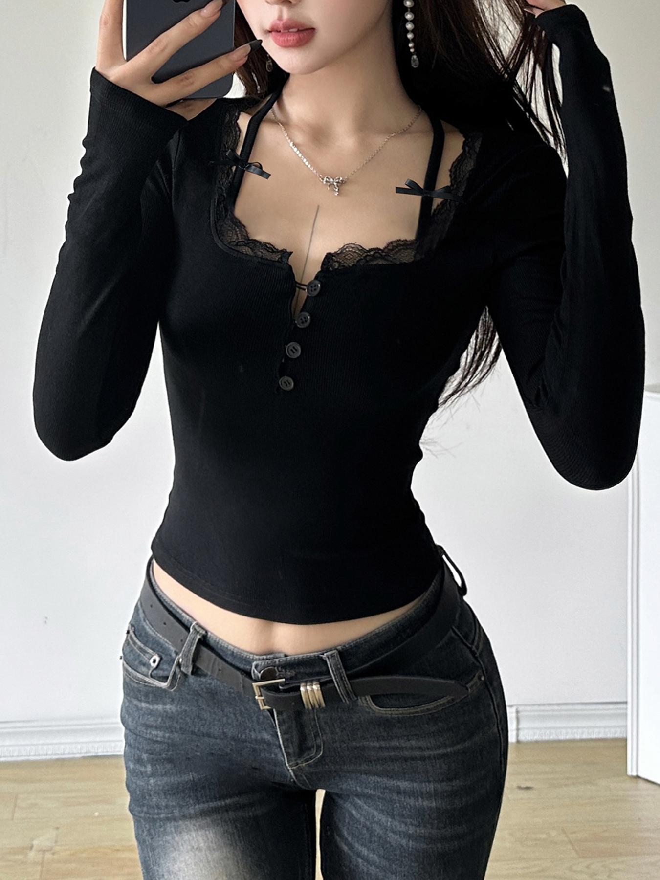 Women's Plain Lace Trim Bow Decor Tee, Y2K Trendy Casual Long Sleeve T-shirt for Spring & Fall, Women's Clothes for Daily Wear, Cute Tops, Feminine