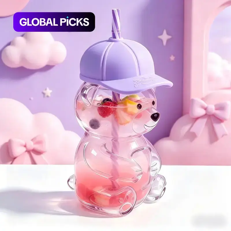 Cute Bear Shaped Glass Water Tumbler Cup Bottle, 20oz Capacity, Hat Lid, Ideal for Coffee, Juice, Milk, Tea, Includes Free Straw and Lid