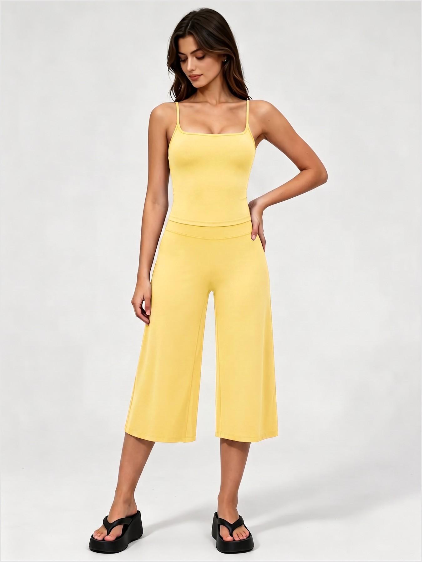 Adjustable Strap Top and High-Waist Wide-Leg Pants Set, Athleisure Summer Fitness Outfit, Soft Stretch Fabric, Sporty Style, Quick Dry, Suitable for Spring Summer Fall