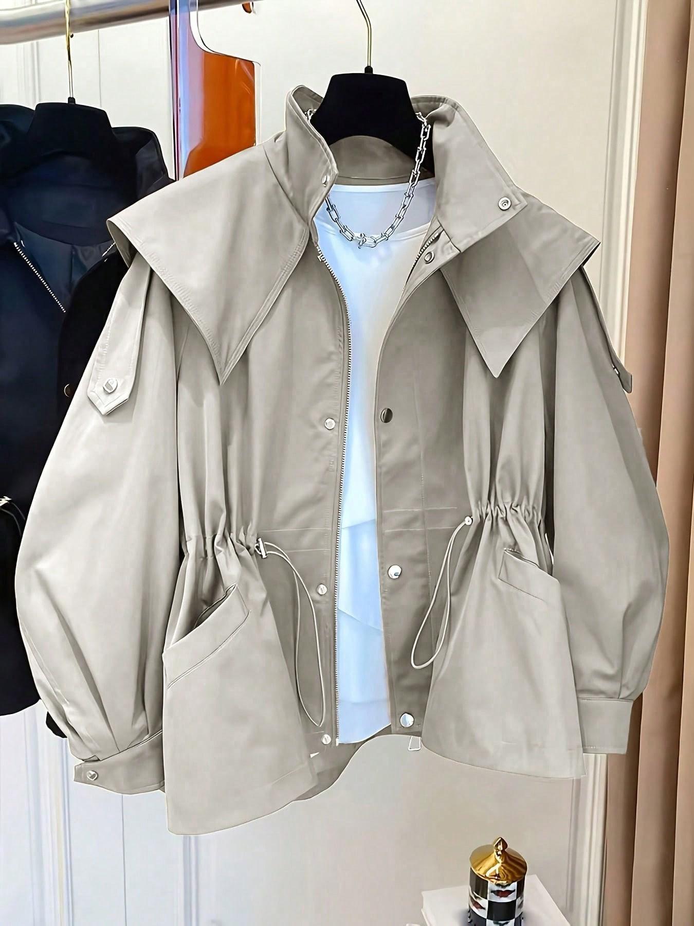 Women's Elegant Baggy Windbreaker Coat, Workwear Jacket, Drawstring Waist Design, Pockets Included, Essential for Fall and Winter