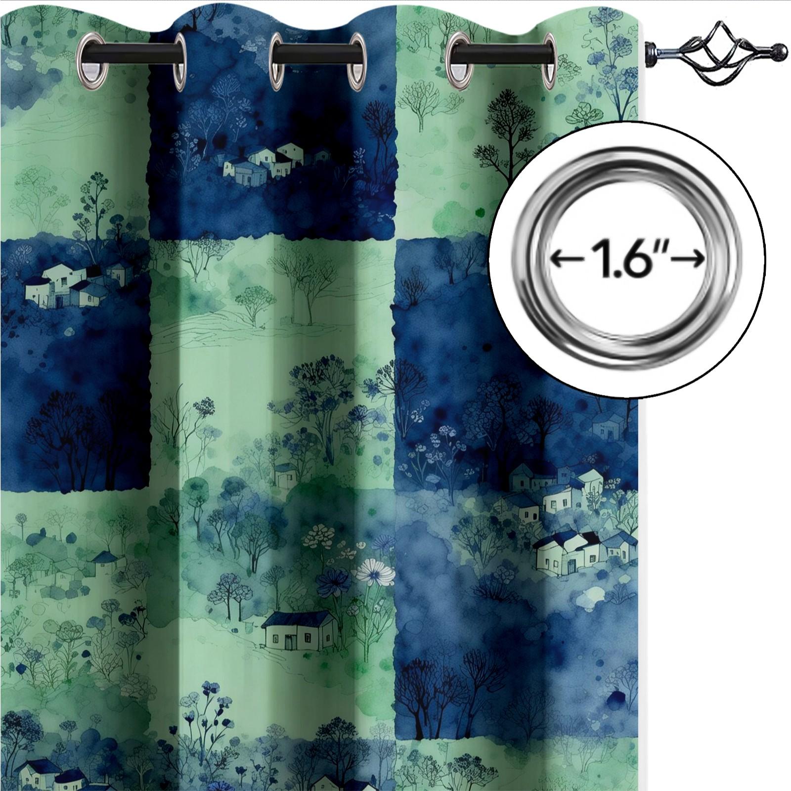 2 Panels Watercolor Landscape Checkered Curtains, HD Digital Printed Blackout Curtains, 85% Light Blocking Rate, Dustproof Decorative Curtains for Bedroom and Living Room